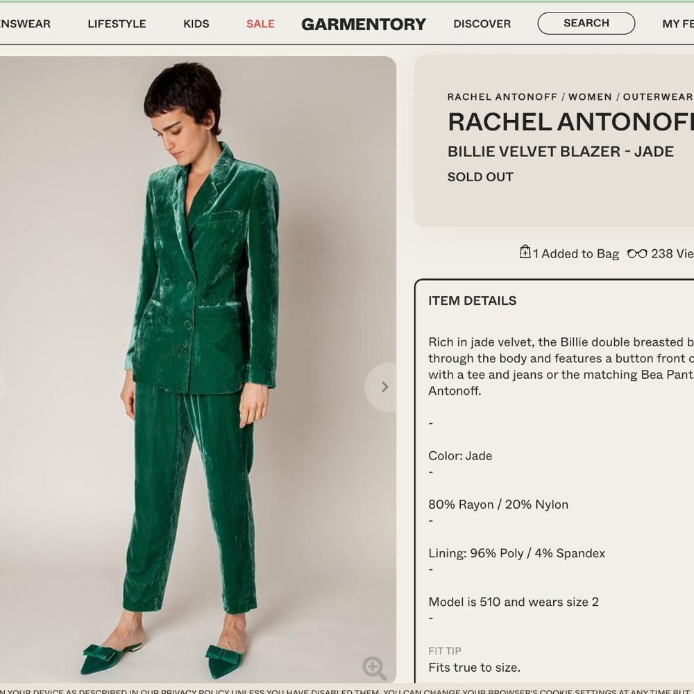 Rachel Antonoff Velvet Suit Size 0